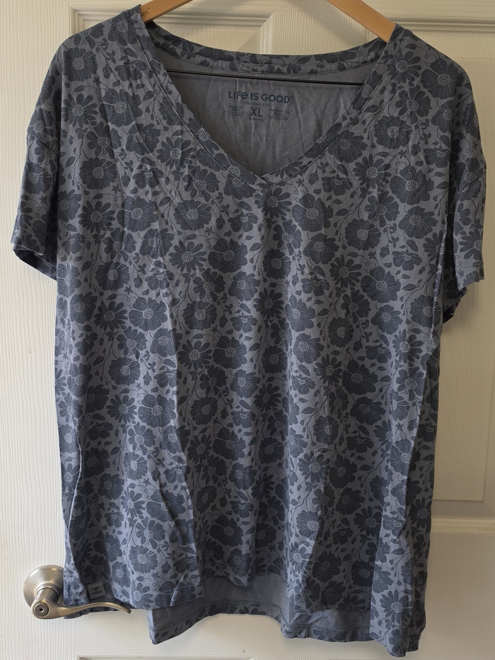 Life Is Good Blue Floral V-Neck Short Sleeve Tee